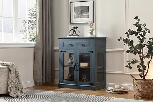 Modern 31.5'' Small Sideboard Buffet Cabinet with Storage,Small Coffee bar Cabinet with a Drawer and Adjustable Shelf,Glass Doors Sideboard Buffet with LED for Kitchen,Blue