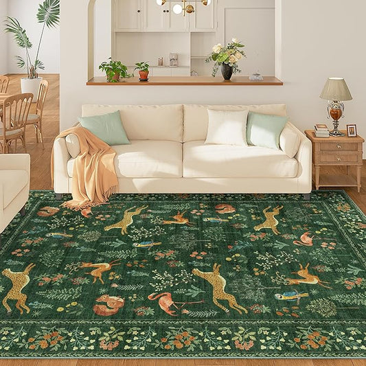 DUKINO 6x9 Rug, Washable Animal Living Room Rug with Non Slip Vintage Design, Soft Low Pile Large Carpet for Bedroom, Nursery, Dining Room, Farmhouse, Playroom, Green