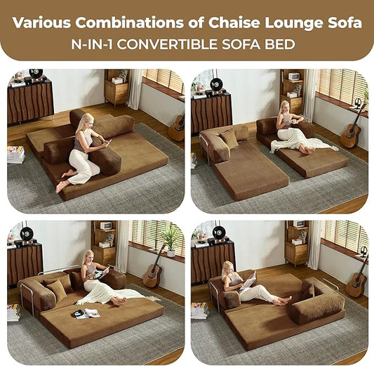 78 Inch Convertible Sofa Bed, Corduroy Boneless Couch with Fixed Frame and 4 Pillows, Modular Sectional Couch for Living Room Bedroom Studio Floor Bed Loveseat Sofa (Brown)