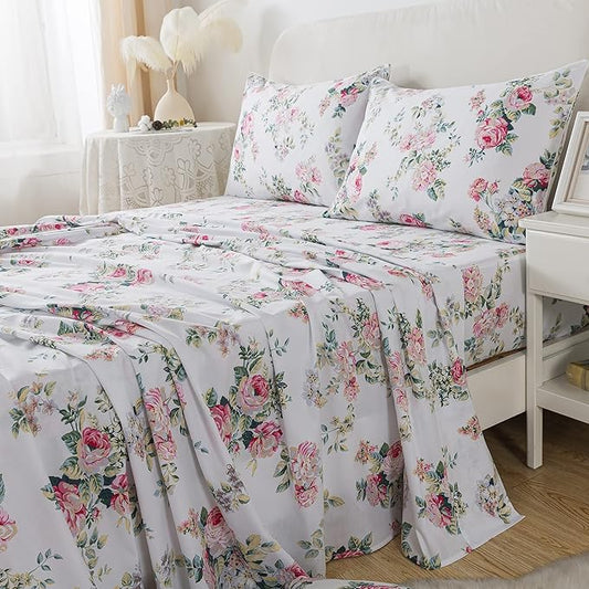 FADFAY Sheets Set King Pink Rose Floral Bed Sheet Set Vintage Farmhouse Bedding 100% Cotton Ultra Soft Breathable Bedding with Deep Pocket Fitted Sheet 4Pcs, King Size