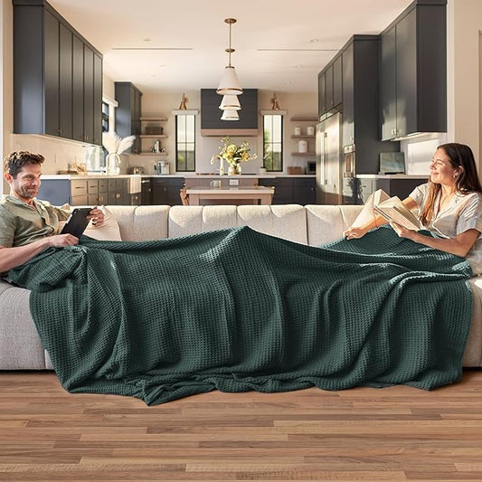 Bedsure Gentlesoft 100% Cotton Blanket King Size for Bed - Breathable and Soft, Thick Cozy Waffle Weave Christmas Blanket Gift for Women, Dark Green, 104x90 inches