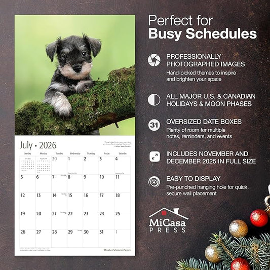 MICASA PRESS Miniature Schnauzer Puppies 2026 Wall Calendar 12 Month | 12" x 24" Open | Thick & Sturdy Paper | Holiday Gift | Cute Puppy Dog Calendar 2026