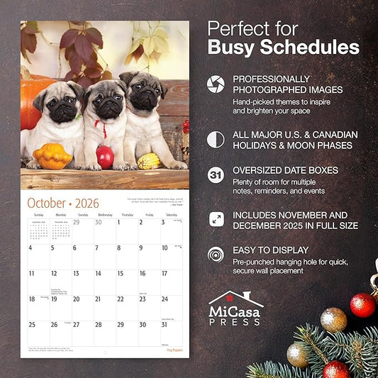 MICASA PRESS Pug Puppies 2026 Wall Calendar 12 Month | 12" x 24" Open | Thick & Sturdy Paper | Holiday Gift | Cute Puppy Dog Calendar 2026