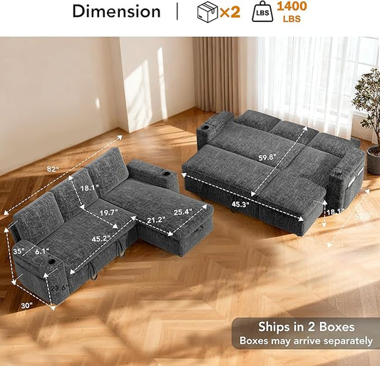 Sunny Heart L-Shaped Sleeper Sofa with Pull Out Bed, 82" Sectional Couch with Reclining Backrest, Reversible Storage Chaise, Armrest Storage, Cup Holders, Side Pockets, Tool-Free Assembly, Grey