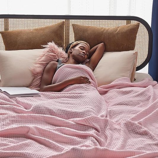 Bedsure Gentlesoft 100% Cotton Blanket King Size for Bed - Breathable and Soft, Thick Cozy Waffle Weave Christmas Blanket Gift for Women, Pink, 104x90 inches