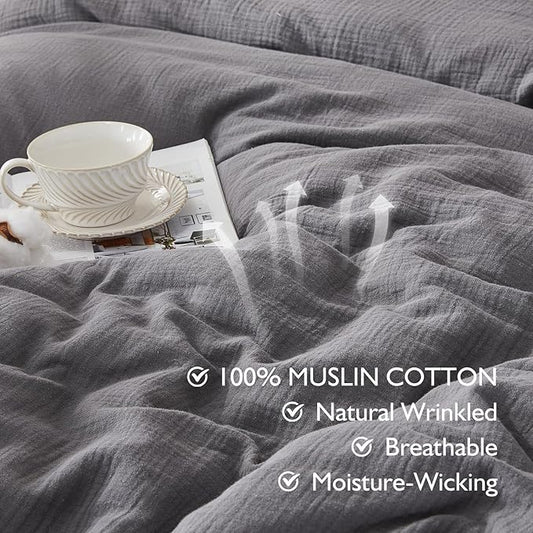 EMME Muslin Cotton Duvet Cover Set Dark Grey King Size Linen Like Soft Breathable Lightweight Summer Comforter Cover Set with Zipper Closure (Dark Grey, King, 104"x90")