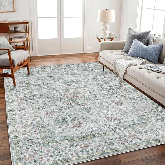 Area Rug 6'x9' Washable Vintage Traditional Floor Cover Thin Retro Kitchen Indoor Distressed Non Slip Carpet for Living Room Bedroom Dining Room