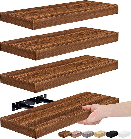 Sorbus Floating Shelves for Wall, Bathroom Shelves Wall Mounted for Kitchen, Bedroom, Living Room, Bathroom Storage, Over Toilet, Hanging Book Shelf for Wall Home Decor (Walnut, 4 Pack)