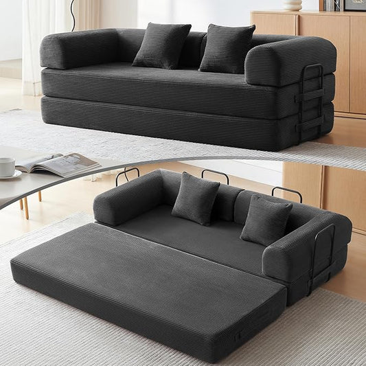 Convertible Sleeper Bed with Cylindrical Pillow, Comfy Foldable Bed Compressed Sofa in Box, Floor Sofa Lounge Couch for Living Room Bedroom Lounge Studio, Tool-Free Assembly (Black)