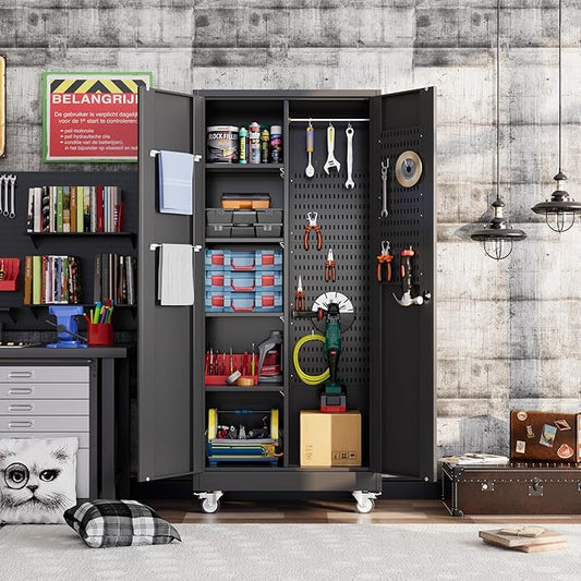 71" H Broom Closet Storage Cabinet with Wheels and Pegboard,Metal Garage Storage Cabinet with Lockable and Magnetic Doors,Adjustable Shelves for Garage Home Office,Required Assembly,Black
