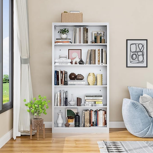 66" Tall Metal Bookcase, 5 Shelf White Bookcase with Adjustable Shelves, Large Bookshelves and Bookcases, Modern Book Shelf Storage Organizer for Living Room, Home Office, Library