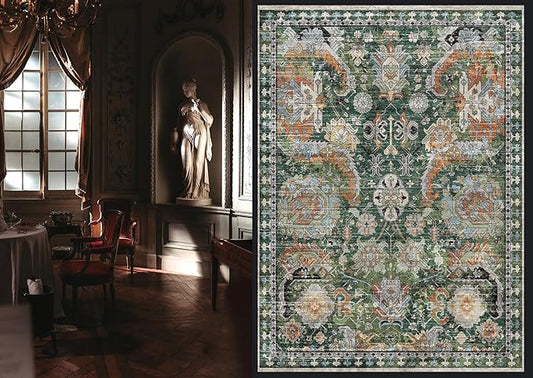 RUGSURE Washable Area Rugs - Perfect for Living Room, Bedroom, Kids Room, Nursery - Stain & Water Resistant Non-Slip, Pet & Child Friendly, Vintage Tribal Area Rugs (Green, 4' x 6')