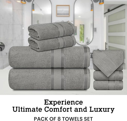 Casa Lino Bath Towel Set of 8 (2 Bath Towels, 4 Wash Cloths & 2 Hand Towels for Bathroom) - 100% Cotton - Highly Absorbent & Quick Dry - Guest Room Essentials for Bathroom Set - (Silver Grey)