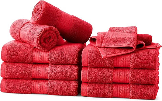 Ample Decor Wash Cloths Pack of 10, 600 GSM 100% Cotton Soft Absorbent, Premium Quality Durable, Ideal for Bathroom, Pool, Hotel, Spa - Red