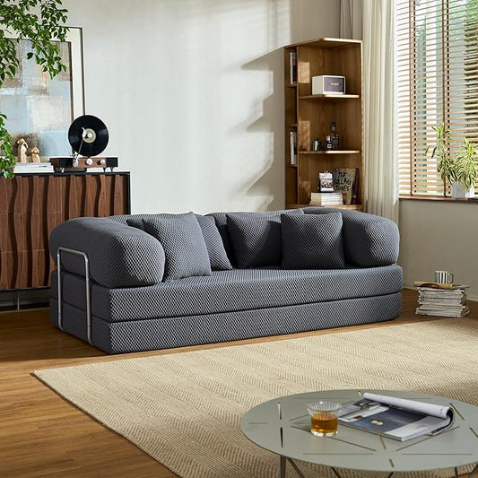 78 Inch Convertible Sofa Bed, 4D Fresh Fabric Boneless Couch with Fixed Frame and 4 Pillows, Modular Sectional Couch for Living Room Bedroom Studio Floor Bed Loveseat Sofa