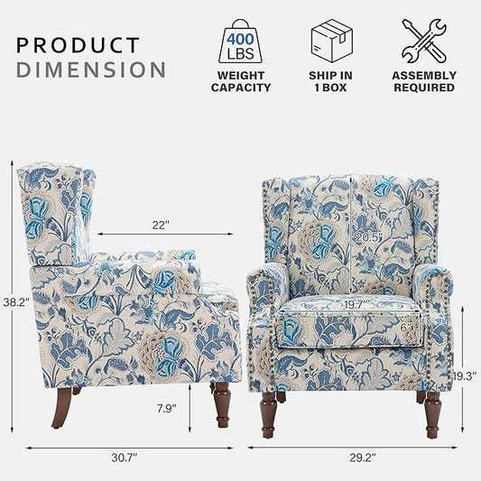 Lumibee High Back Accent Chair, Armchair in Fabric,Comfy Upholstered Wingback Single Sofa Reading Chair with Solid Wood Legs for Living Room,Bedroom,Office-Boho Blue