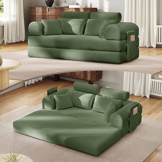 Upgrade High Backrest Design Sofa Bed with Fixed-Shape Frame & Removable Armrests and Backrest, Corduroy Fabric, Convertible Couch for Small Spaces - No Assembly Neede (High Backrest Olive Green)