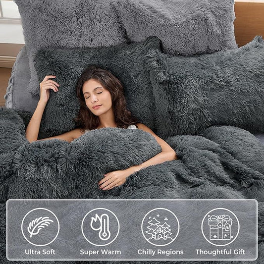 Sasttie 2-Piece Fluffy Duvet Cover Twin/Twin XL, Ultra Soft Faux Fur and Velvet Grey Comforter Cover, Luxury Fuzzy Bedding Sets for Winter Bed, Includes 1 Duvet Cover and 1 Pillowcase, No Comforter