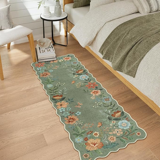 Lahome Floral Washable Runners for Hallways, 2x5 Kitchen Runner Ultra-Thin, Non-Slip Soft Hallway Rug Stain Resistant Boho Low-Pile Carpet for Laundry Bathroom Bedroom(2x5ft,Green)