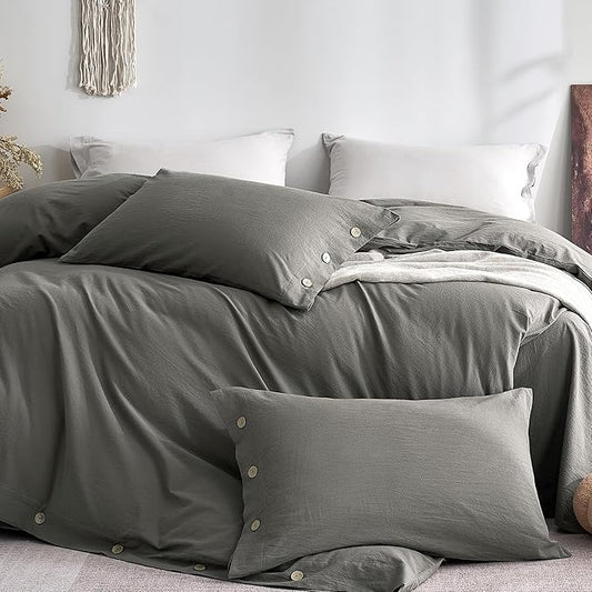 JELLYMONI 100% Washed Cotton Standard Pillowcases Set, 2 Pack Linen-Like Texture Breathable Pillow Covers with Button Closure,Deep Grey Standard 20"×26"(Pillows are not Included)