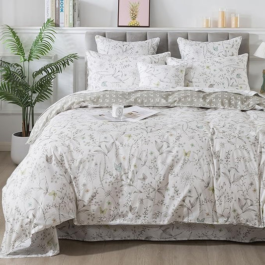 FADFAY Duvet Cover Set Queen Colorful Butterfly Bedding Vintage Botanical Comforter Cover Set Shabby Branches Bedding 100% Cotton Ultra Soft Quilt Cover with Hidden Zipper Closure 3Pcs, Queen Size
