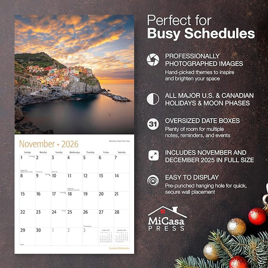 MICASA PRESS European Destinations 2026 Wall Calendar 12 Month | 12" x 24" Open | Thick & Sturdy Paper | Holiday Gift | Travel Europe Calendar 2026