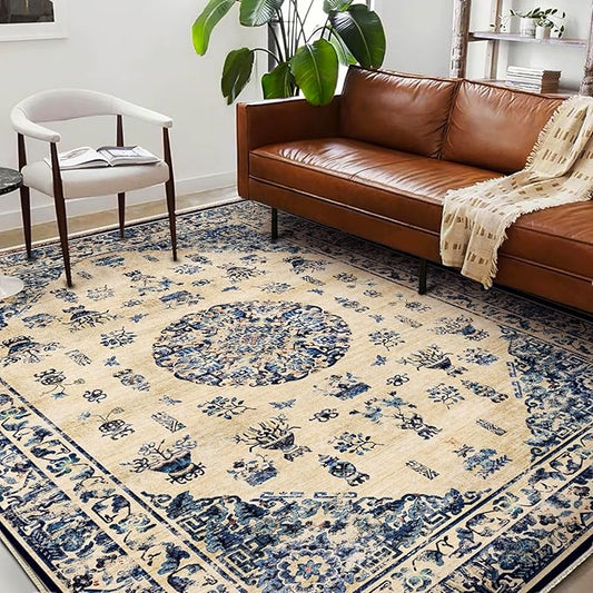 Washable Area Rug 4'x6' Traditional Floor Cover Foldable Thin Rugs Retro Kitchen Indoor Distressed Non Slip Carpet Floral Print Mat Bedroom Living Room
