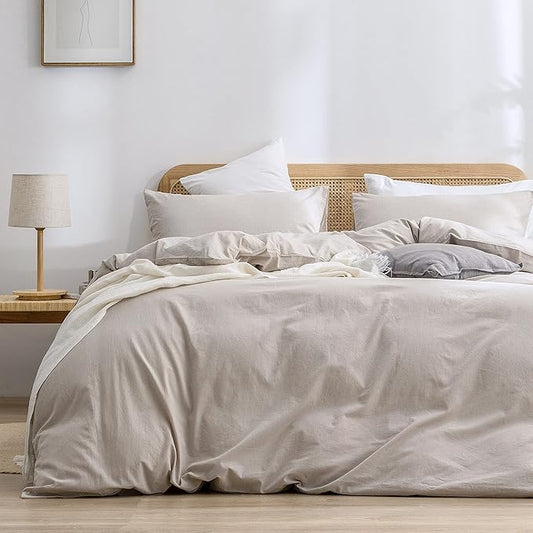 BESTOUCH Duvet Cover Set 100% Washed Cotton Linen Feel Super Soft Comfortable Chic Lightweight 3 PCs Home Bedding Set Solid Linen Grey Full/Double