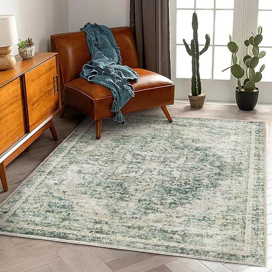 Area Rug 5'x7' Washable Rug Vintage Traditional Floor Cover Thin Retro Kitchen Indoor Distressed Non Slip Carpet for Living Room Bedroom Dining Room