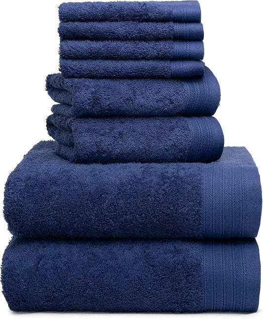 Premium 8 Pieces Towel Set Including 2 Bath Towels 30" x 56", 2 Hand Towels 18" x 30" and 4 Washcloths 13" x 13" - Color: Navy Blue | Pure Cotton |Machine Washable high Absorbency