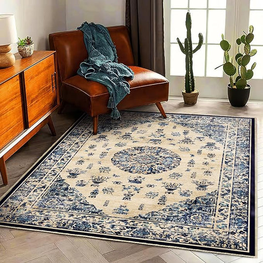 Area Rug 5'x7' Washable Rug Traditional Floor Cover Thin Retro Kitchen Indoor Distressed Non Slip Carpet for Living Room Bedroom Dining Room