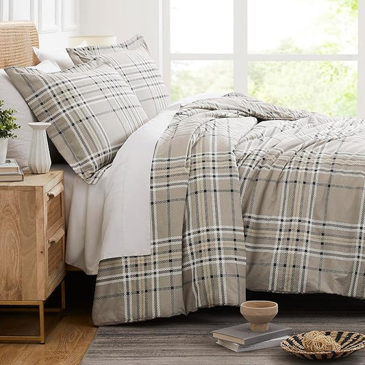 Southshore Fine Living, Inc. Oversized Plaid Duvet Cover Queen Size/Full Size, Checkered Bedding Set, 1 Full/Queen Duvet Cover Set, 2 Pillow Shams Standard Size - Vilano Plaid Mocha