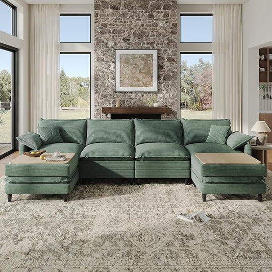 143" U Shaped Modular Sectional Cloud Couch with Two Ottoman, Snap-on Easy Installation 6-Piece Deep Seat Sofa with Storage Bag and Coffee Table for Living Room, Corduroy, Green