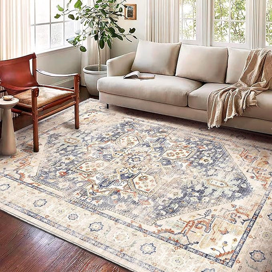 Washable Area Rug 9'x12' Blue Khaki Retro Flowers Boho Design Non-Shedding Easy Care Ideal for High Traffic Areas in Living Room Bedroom Office Coffee Table Kitchen Large Carpet