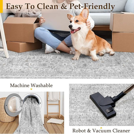 Gray Area Rug 6x9 for Living Room Washable Vintage Carpet Low Pile Non Slip Distressed Soft Traditional Retro Oriental Large Grey Accent Throw Rug Office Bedroom Dining Room Playroom