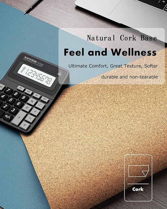 YSAGi Double-Sided Desk Pad, 35.4"x17"Leather Desk Mat, Eco Cork Desk Pad Protector,Large Mouse Pad,Waterproof Desk Blotter for Office/Home(Sea Blue)