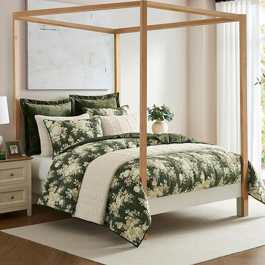 Wonderful Velvet Quilt Set, Box Stitched Army Green Velvet Lightweight Comforter Queen, Elegant Floral Printed, Pet-Friendly, Luxury Soft Cozy Bedspread Coverlet Bedding Set for All Season, 94"x94"