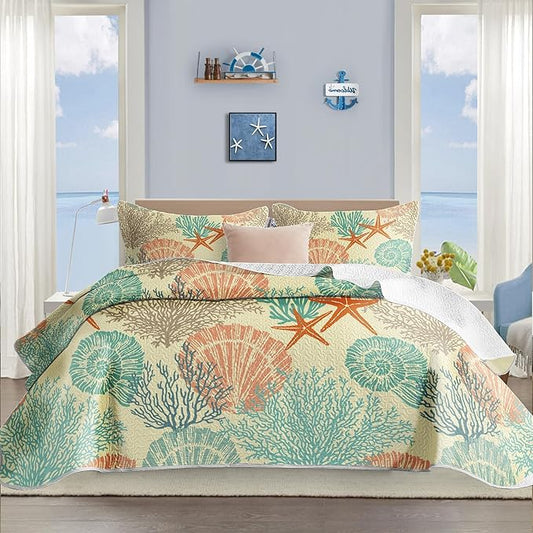 Tritard 3 Piece Coastal Quilt Sets King Size - Reversible Microfiber Quilts with 2 Shams Soft Lightweight Beach Bedding Nautical Bedspread Coverlet Summer Comforter Set for All Season, 106''x96'', C4