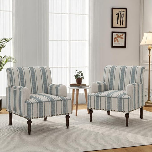 Accent Chair Set of 2, Mid Century Modern Comfy Armchair for Living Room, Linen Fabric Single Sofa Lounge for Reading Bedroom Apartment Waiting Room with Wood Legs-Blue Stripe