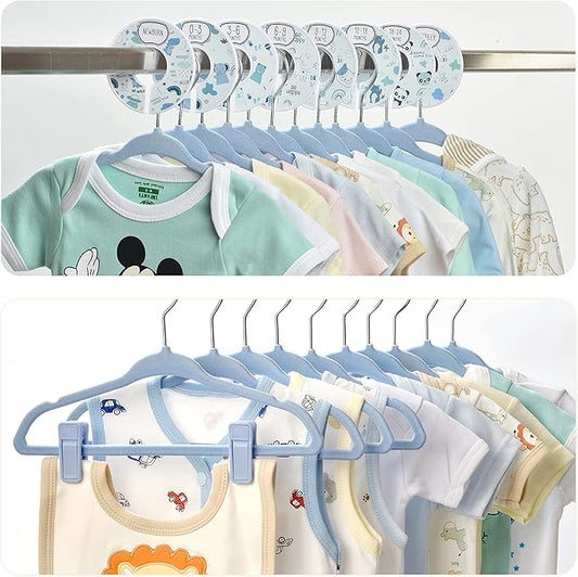 Velvet Baby Hangers with 10x Clips and 8X Dividers (30 Pack) | 11” Ultra-Slim Baby Clothes Hangers | Non-Slip Felt | Space-Saving Nursery & Infant Closet Organizer | Blue