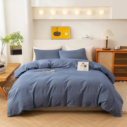 ECOCOTT Denim Blue Duvet Cover Queen Size, 100% Washed Cotton 1 Duvet Cover with Zipper and 2 Pillowcases, Ultra Soft and Easy Care Breathable Cozy Bedding Set (Denim Blue, Queen)