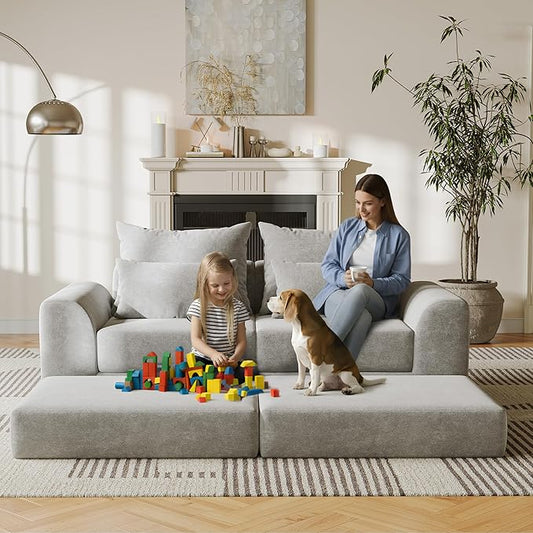 Modular loveseat with Ottoman, L-Shape Boneless Couch, Customizable Sectional Couch, Free Combination Design Sleeper Sofa, Stone Echo
