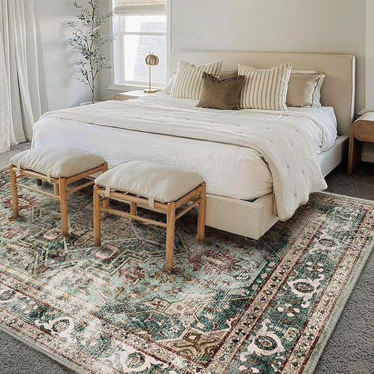 Green Area Rug 10'x14' Washable Vintage Traditional Mat Distressed Indoor Foldable Thin Retro Accent Floral Print Rug Non Slip Carpet for Living Room Dining Room Office
