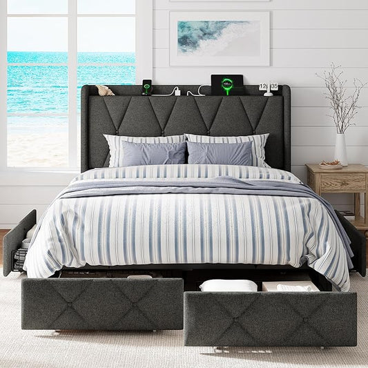 Queen Bed Frame with 4 Storage Drawers, Upholstered Platform Bed with Charging Station, Modern Wingback Storage Headboard, Easy Assembly,Noise-Free, Dark Gray