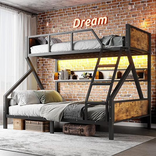 Twin XL over Queen Bunk Bed with Shelves, Metal Bunk Beds with Ladders and Lights, Heavy-duty Bunkbed for Bedrooms, Guest Rooms and Dorms, No Box Spring Needed and Noise-free Design, Woodgrain