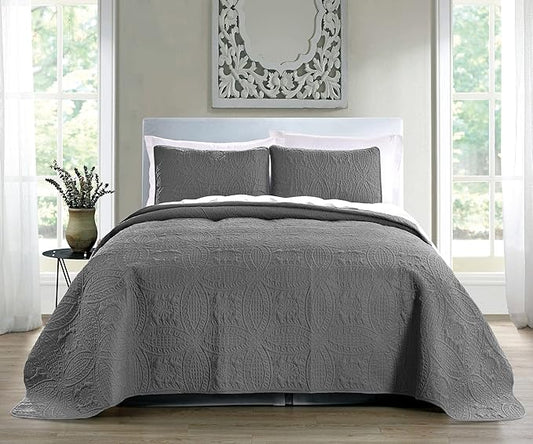 Pure Bedding Quilt Set Full/Queen Size Dark Grey - Oversized Bedspread - Soft Microfiber Lightweight Coverlet for All Season - 3 Piece Includes 1 Quilt and 2 Shams, Geometric Pattern