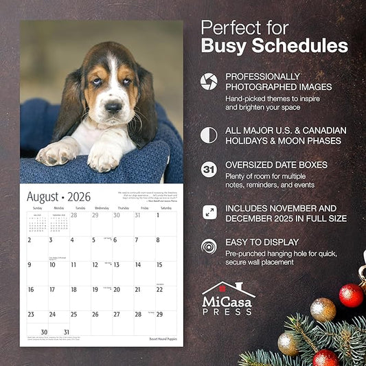 MICASA PRESS Basset Hound Puppies 2026 Wall Calendar 12 Month | 12" x 24" Open | Thick & Sturdy Paper | Holiday Gift | Cute Puppy Dog Calendar 2026