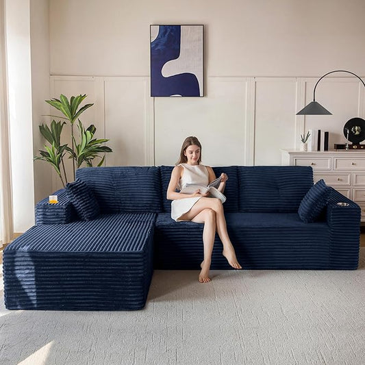 MAXYOYO 104" Modular Sectional Couch with L-Shape Chaise, Modern Boneless Couch for Living Room, Sofa in A Box, Oversized Sofa Sleeper with Deep Seat, No Assembly Required, Navy