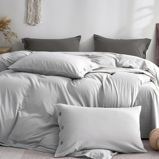 JELLYMONI 100% Washed Cotton Standard Pillowcases Set, 2 Pack Linen-Like Texture Breathable Pillow Covers with Button Closure,Pale Grey Standard 20"×26"(Pillows are not Included)