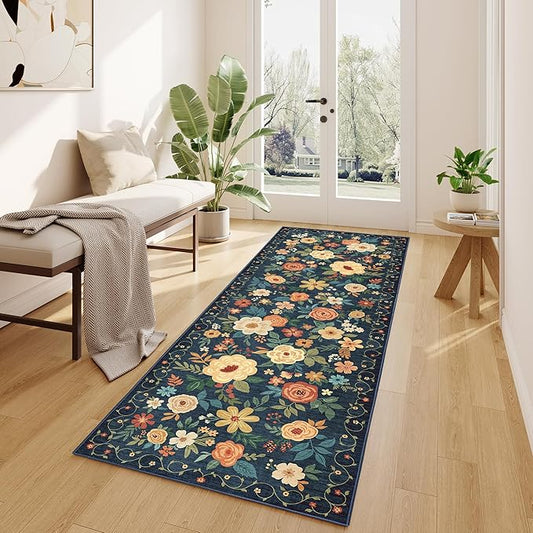 DUKINO Runner Rug, 2.6x8 Kitchen Rug for Hallway with Non Slip Backing, Washable Low Pile Soft Boho Floral Runner Carpet for Hallway, Kitchen, Entryway, Laundry, Bedroom, Dark Blue